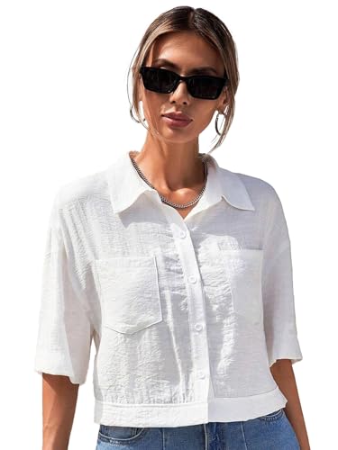 Image of TOPLOT V-Collar Solid Crop Shirt for Women with Half Sleeves, Polyester, Regular Fit
