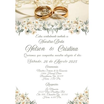 Invitaciones de Boda personalizadas 20 Invitaciones con sobre Boda Flores Anillos Novios