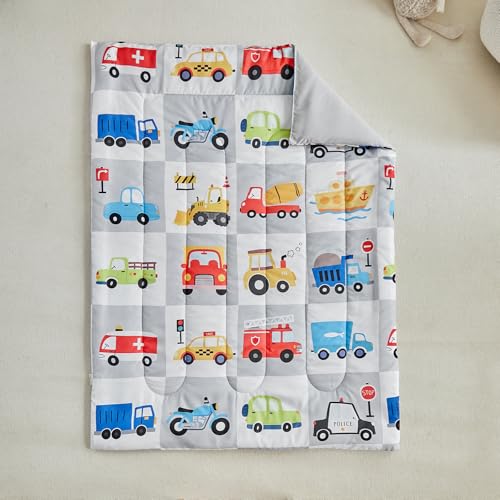 Image of White Gray Toddler Bedding Set for Boys Girls Colorful Cars Vehicle Auto Fire Engine Bulldozer 4PC Toddler Bed Set - Soft Cute Toddler Plaid Patchwork Bed in a Bag with Sheet Set and Pillow Shams