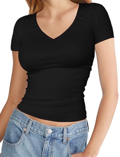 Basic Womens V Neck Short Sleeve T Shirt Slim Fit Tees 2025 Summer Y2k Going Out Fitted Tops Sexy Tight Shirts