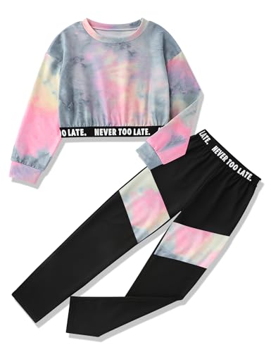 Girls Clothes Tie-Dye Long Sleeve Sweatshirt Cool Patchwork Sweatpants 2 Piece Girls' Clothing Sets Size 6-14 Years