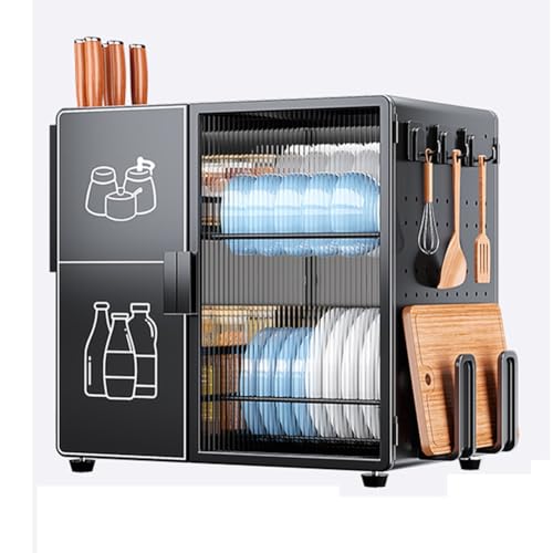 Gabinete de almacenamiento de platos para encimera de cocina con cajones, armario de secado de cuencos de 2 niveles, armario a prueba de polvo, soporte para colador de encimeras