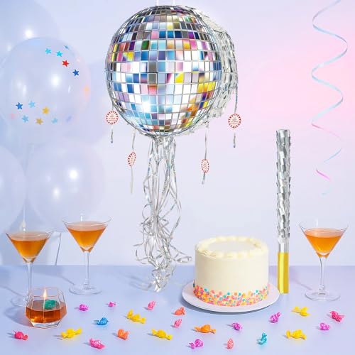 WERNNSAI Disco Ball Piñata - Disco Party Decoration Pull String Mirror Piñata with Bat and Blindfold for Adult Birthday Party Supplies - Thumbnail 3