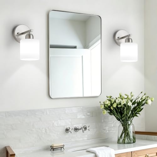 Image of Brushed Nickel Bathroom Light, Anti-Rust Finish 2PCS Light Bathroom Vanity Light Brushed Nickel, Milky White Frosted Glass Shades, E26 Socket