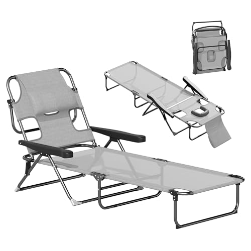 Outsunny Bain de Soleil Chaise Longue Pliante avec appuie-tête, Trou de Lecture, Dossier inclinable en textilène, transat Jardin extérieur pour Plage Relax...
