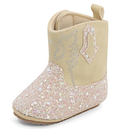 Image of ESTAMICO Baby Girls Embroidery Western Cowgirl Boots Infant Sequin Leather Cowboy Booties Round Toe Ankle High Hook and Loop Shoes