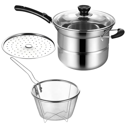 Versatile Stainless Steel Cooking Pot with Lid, Deep Fryer Kit, Chip Pan with Basket, 8.5 x 7.1 x 5.5 in Steamer Set, Silver Finish