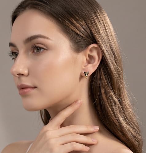Image of Reffeer Solid 925 Sterling Silver Bow Hoop Earrings Huggie for Women Teen Girls Black CZ Bowknot Hoop Earrings Ribbon Cartilage Huggie