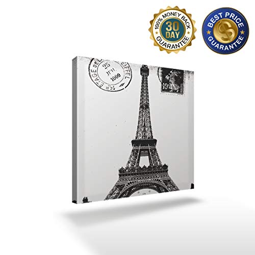 Square Canvas Wall Art Oil Painting For Bedroom Living Room Home Decor,Vintage The Stamp Of Paris Eiffel Tower Black And White Office Artworks,Stretched By Wooden Frame,Ready To Hang,12 X 12 Inch #TOP1