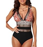 EVALESS Womens Sexy Mesh V Neck One Piece Swimsuits Tummy Control High Waisted Bathing Suits Cros...