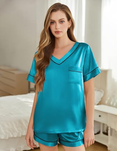 Image of Silk Pajamas for Women Short Sleeve Satin 2 Piece Pj Set Soft V Neck Sleepwear Loungewear, S-XXL