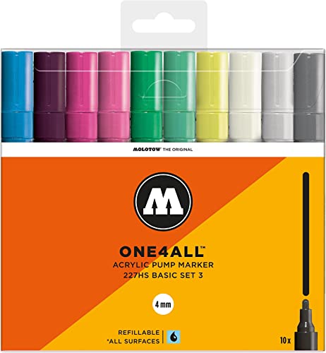 Molotow One4All 227Hs Acrylic Pens, High Opacity And Permanent, Uv-Resistant For Almost All Surfaces Case Basic Set 3 Pack Of 10 Multicoloured