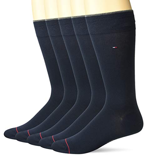Tommy Hilfiger Men's 5 Pair Flat Knit Rayon Blend Crew Socks, Navy, Shoe Size 7-12