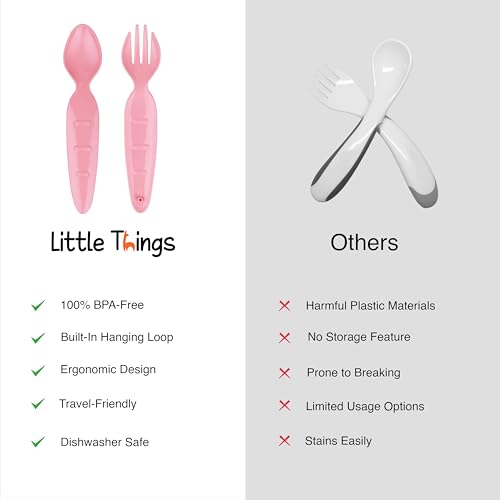 Little Things Kids Utensil Set – BPA-Free Toddler Cutlery with Fork, Spoon & Case, Reusable Kids Silverware, Dishwasher Safe for School Lunch & Travel (Pink)