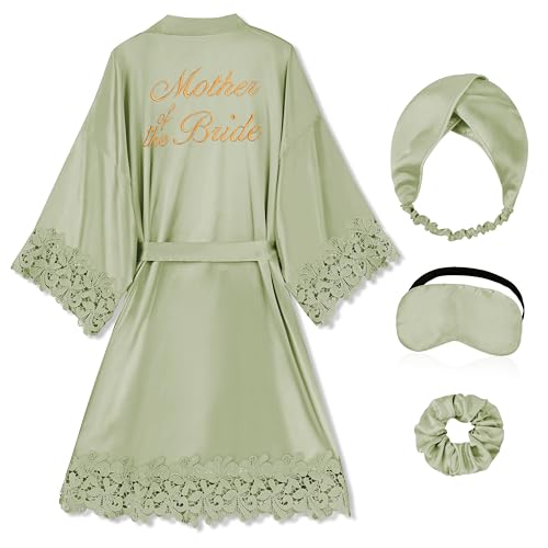 Image of EPLAZA Bride Robe for Wedding Day Set Bridal Robe Lace Trim Silky Embroidery Satin Kimono for Bridal Party