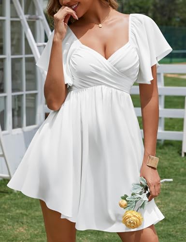 Florboom Women's Wrap Sweetheart Neckline Chiffon Dress Short Sleeve Tie Back Aline Mini Dresses4