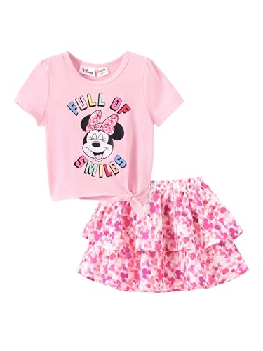 Disney Mickey and Friends Toddler Girl Dress： Minnie Mouse 2PCS Skirt Set Summer T-shirt Dress Short Sleeves Tie Knot Top and Tiered Ruffle Skirts Outfit Pink 3t