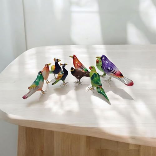 Image of Terracotta Bird Figurines, Set of 9 Pieces, Handmade Decorative Miniature Birds, Multicolour, Home Decor Showpiece