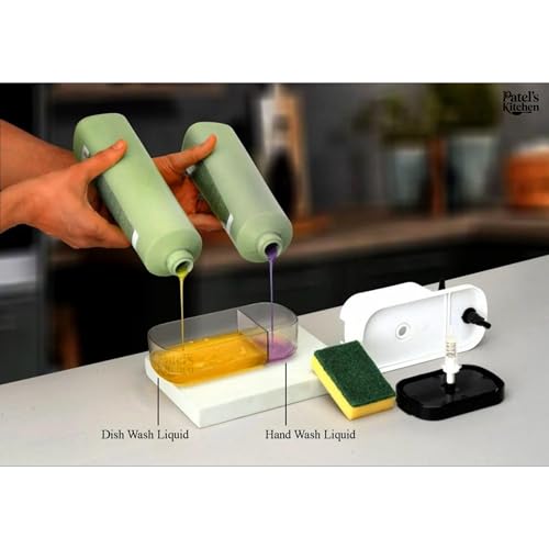 Image of Patel's Kitchen 3 in 1 Dish Soap Dispenser with Sponge Holder & Hand Wash Pump | Dual Liquid Kitchen Sink Organizer | Soap Dispenser with Drip Tray for Dishwashing, Sink & Kitchen Cleaning (3 in 1)