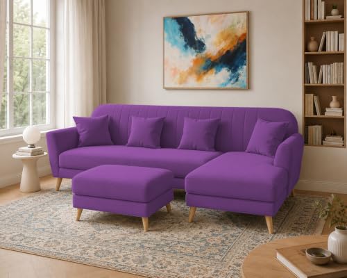 Image of Atticus RHS 6 Seater L Shape Sofa Set with Ottoman Living Room (Purple Colour Fabric) Premium Fabric Sofa Set for Living Room