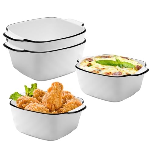 Fuente pequeña de cerámica 4 unidades, para lasaña blanca, 14,2 x 11 x 5,4 cm, mini cazuelas para freidora de aire caliente, microondas, hornos, frigoríficos (patrón de diamantes)