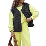 Damen-Fleeceweste, ärmellos, V-Ausschnitt, Druckknopfleiste, Cardigan, lockere Passform, flauschig, warm, Weste, Winter-Outwear, A-schwarz, M