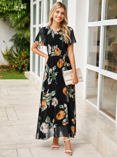 Simplee Womens Summer Floral Casual Maxi Dresses Flutter Short Sleeve Crew Neck Smocked Chiffon Boho Flowy Dress3