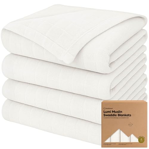 4-Pack Muslin Swaddle Blankets for Boys Girls - Organic Baby Swaddles for Newborns Soft & Breathable Receiving Baby Blankets for Girl Boy Neutral Newborn Essentials Gift (Soft White)