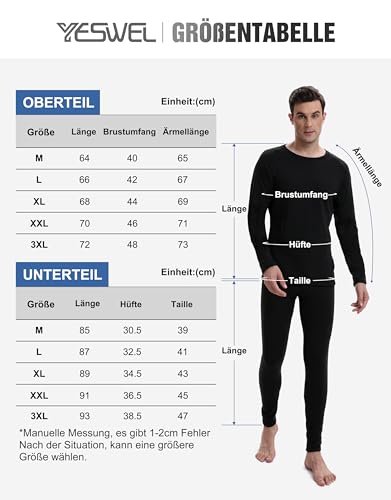 YESWEL Herren Thermounterwäsche M, Funktionsunterwäsche mit Innenfleece, Skiunterwäsche für winterliche Outdoor-Aktivitäten Schwarz