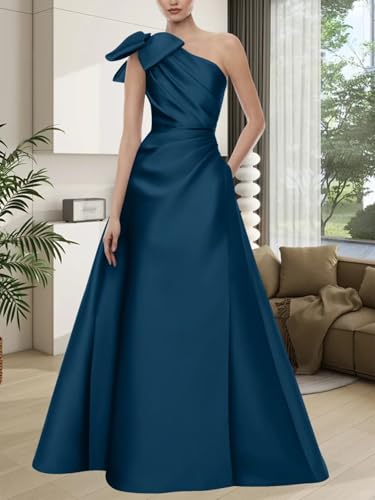 SoDigne One Shoulder Satin Prom Dresses with Bow Pleated Mother of The Bride Dress A Line Long Formal Evening Gowns4