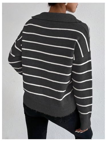 MakeMeChic Women's Striped Pattern Collar V Neck Long Sleeve Pullover Sweater Casual Knitwear Top2