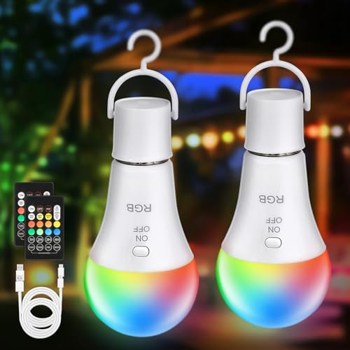 Kimjo Lampadine Led E27, Lampadina Ricaricabile USB C Con Telecomando, Lampadina Batteria 7W RGB Dimmerabile Senza Fili, 2 Pezzi