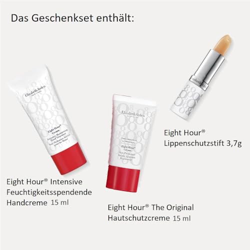 Elizabeth Arden Geschenkset Eight Hour: Hautschutzcreme 15ml + Lippenschutzstift 3,7g + Intensive Feuchtigkeitsspendende Handcreme 15ml, Geschenkbox für Damen