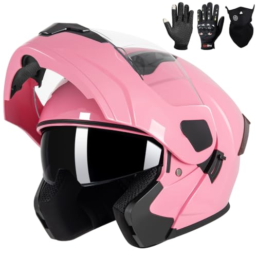 Modular Flip up Motorcycle Helmets for Men Women, DOT Approved, Pink, S