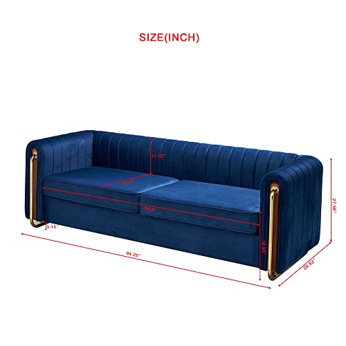 Image of KEIKI 84 inch Velvet Deep Channel Tufted Sofa with Back Cushions and Rolled Arms, Modern Style 3-Seater Couch with Golden Polished Steel Legs, Easy Assembly, for Living Room, Bedroom, Office, Blue
