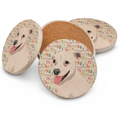 Caroline's Treasures Pit Bull Puppy Christmas Large Sandstone Coasters Pack of 4 Absorbent Round Coasters Decor Gifts for Men or Women, 4 in, Multicolor