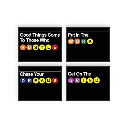 New York City Subway Sign, Subway New York Wall Art, Nyc Wall Art - New York Poster Set, Nyc Subway Sign, Nyc Bedroom Decor - Hustle Grind Motivation - Subway Signs Nyc Set Of 4 (8X10) Unframed #TOP4