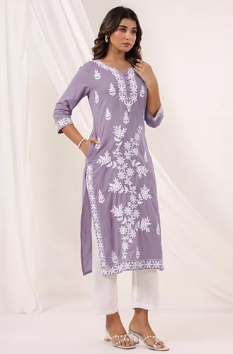 Image of Janasya Women's Pure Cotton Embroidered Straight Kurta