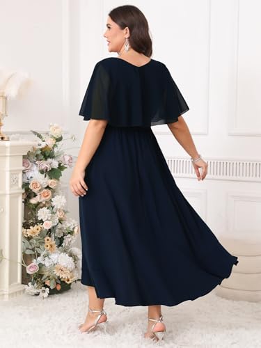 Image of Women Plus Size Long Formal Dress Short Sleeve Chiffon Ruffle V Neck High Low Split Wedding Guest Maxi Dresses