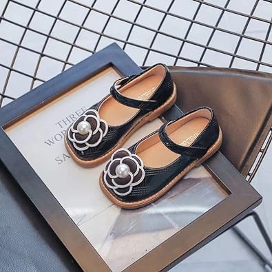 Girls Mary Janes Flower Pearl Black White Square Toe Pu Leather
