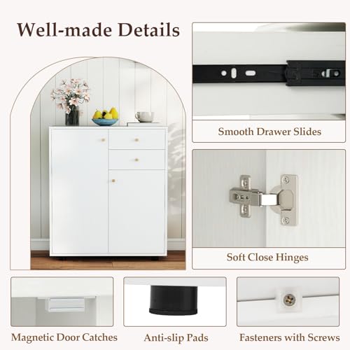 COSTWAY Storage Cabinet - 2 Door Buffet Sideboard with 2 Drawers, 3 Adjustable Shelves & Anti-Tipping Device, Freestanding Kitchen Organiser for Dining and Living Areas (White) - Image 7
