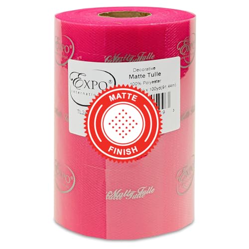 Image of Expo International Decorative Matte Tulle, Roll /Spool of 6 Inch x 100 Yards, Polyester-Made Tulle Fabric, Matte Finish, Lightweight, Versatile, Washable, Easy-to-Use, Fuchsia