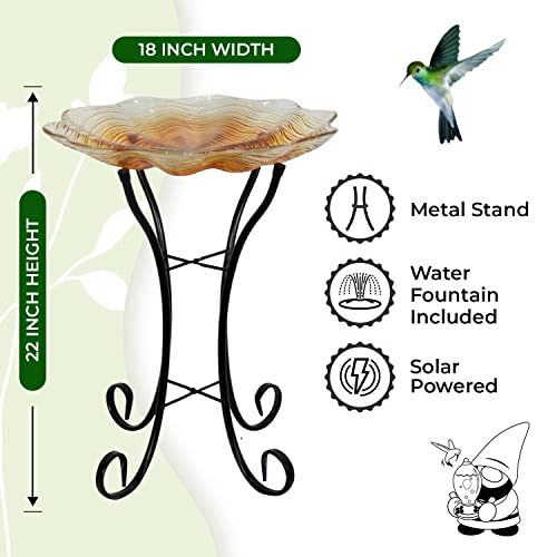 Grateful Gnome Hand-Painted Glass Bowl Bird Bath W/Solar Fountain - Golden Flower Design #TOP5