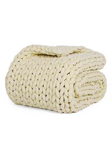 YnM Chenille Weighted Blanket, Handmade Chunky Knitted Design, Soft and Cozy, Temperature Regulating and Breathable, Machine Washable Throw for Sleep or Home Decor (Sparkling White, 60x80 Inch, 15lbs)