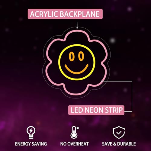 Image of Flower Neon Sign for Wall Decor, Smile Flower Led Signs, Dimmable Neon Light Sign for Bedroom, Game Room, Living Room, Bar Decoration, USB Powered Light Up Signs for Man Cave