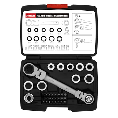 EMENTOL 36PCS Flex Head Ratcheting Wrench Set, 12-in-1 Wrench Set & 24-in-1 Screwdriver Set, CR-V, Double Box End Wrench 8mm -19mm