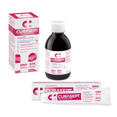 Curasept Kit Trattamento Lenitivo 0.20% | Collutorio 200 ml + Gel Dentifricio 75 ml | Azione Intensiva Antiplacca e Calmante per Gengive Irritate, Senza Alcool, Sistema ADS Antimacchia