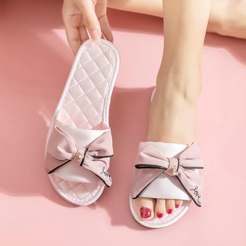 Soft Satin Slippers for Women Elegant Bowknot Design Sandals Four Seasons Indoor Outdoor Slippers Non-slip Bedroom Shoes2