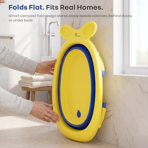 Image of R for Rabbit Bubble Double Finzy Baby Bath Tub Foldable for Kids 9 Months-3 Years | Womb Cocoon Bathtub Design | Anti-Skid Base | Quick Drain Plug | Space Saving Pool Bather with Tray (Yellow Blue)