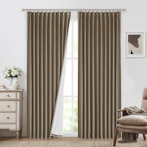 Image of Vision Home Brown Pinch Pleated Full Blackout Curtains Linen Blended 60 inch Wide Thermal Insulated Window Panels 95 inch for Bedroom Living Room Darkening Pleat Drapes with Hooks Back Tab 60 inch Wx95 Lx1